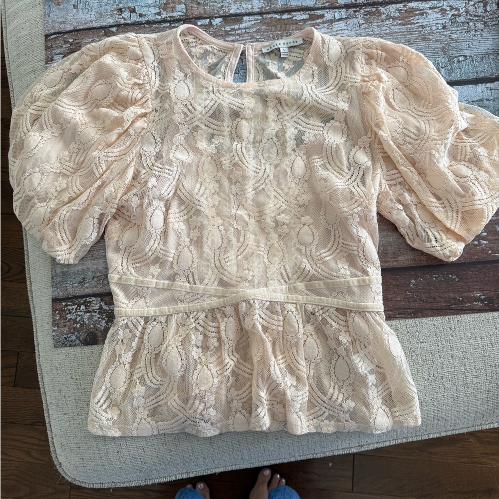 Haute Monde Peach Lace Puff Sleeve Blouse
